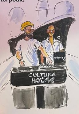 The DJs on deck drawn on an Afterpeak card