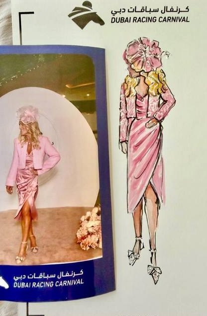 Fashion illustration beside the guest's photo at Dubai Racing Carnival