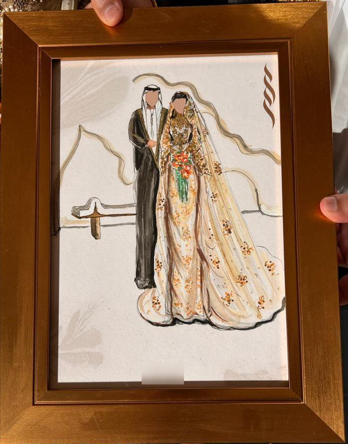 Bride and groom illustration in a gold frame