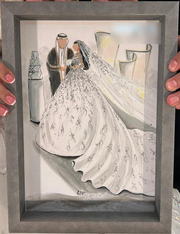 Wedding illustration of the couple in a grey frame