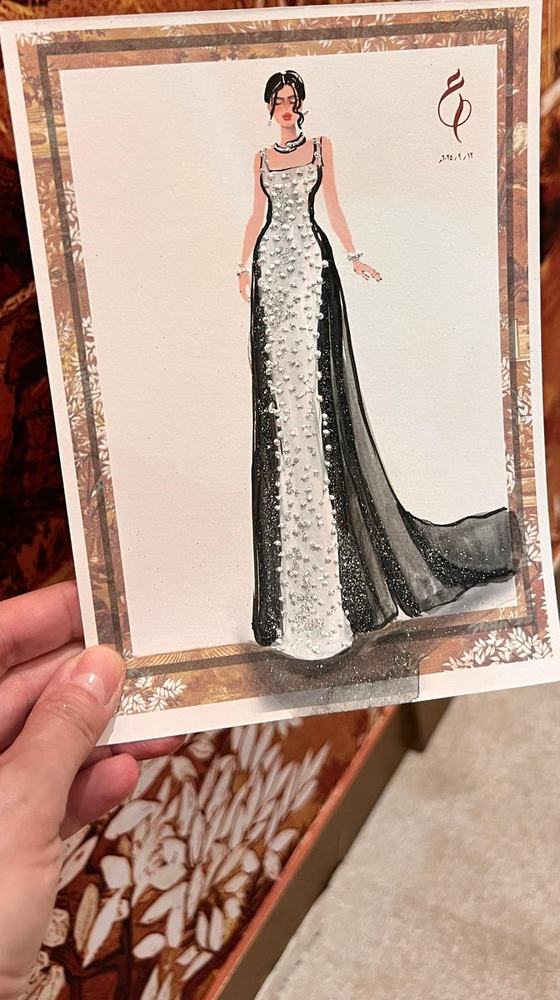 Guest illustration in a pearl and black gown