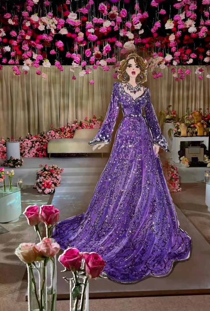 Purple sparkling gown illustration in a rose-filled hall
