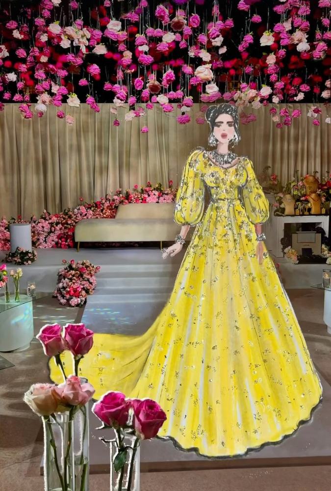Yellow gown illustration in a rose-filled hall